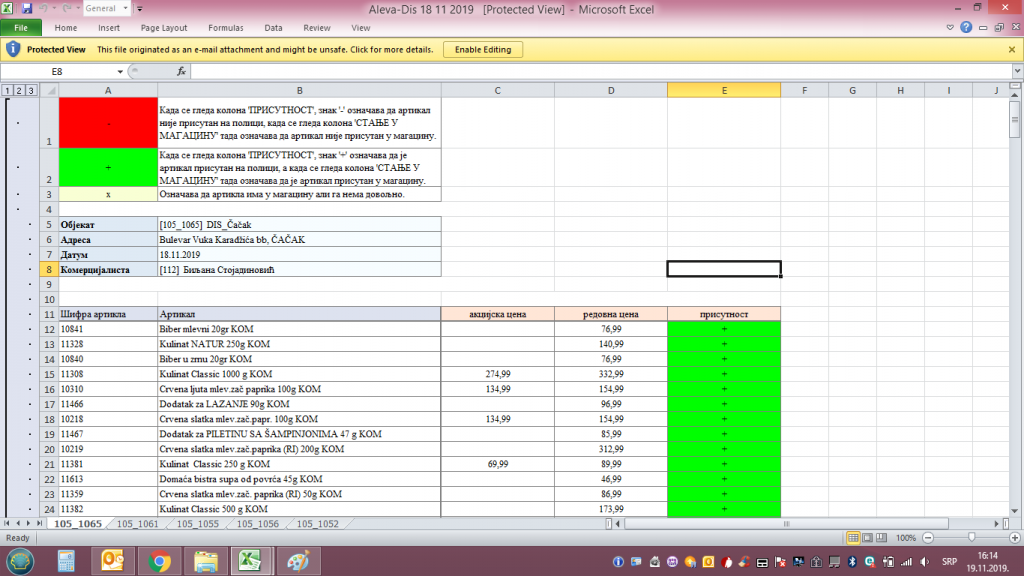 Pregled u tabletu za klijenta, sa prikazom stanja proizvoda na policama