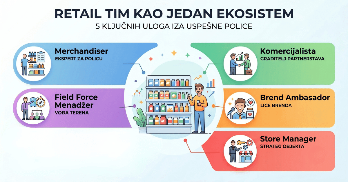 Infografik koji prikazuje retail tim kao ekosistem sa 5 ključnih uloga: Merchandiser, Field Force Menadžer, Komercijalista, Brend Ambasador i Store Manager, raspoređenih oko centralne police sa proizvodima i kupcem.