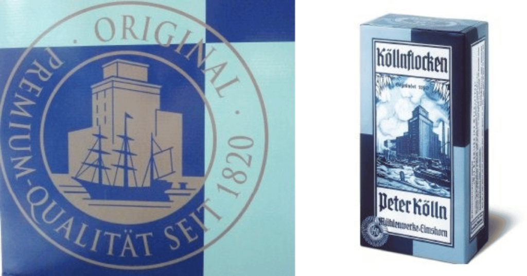 Istorijsko pakovanje Kölln ovsenih pahuljica sa oznakom originalnog kvaliteta od 1820. godine.